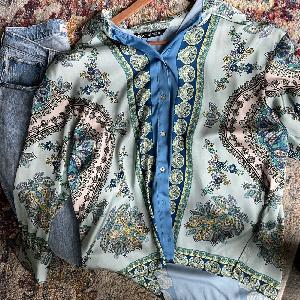 Zara Satin Paisley Button Down Shirt